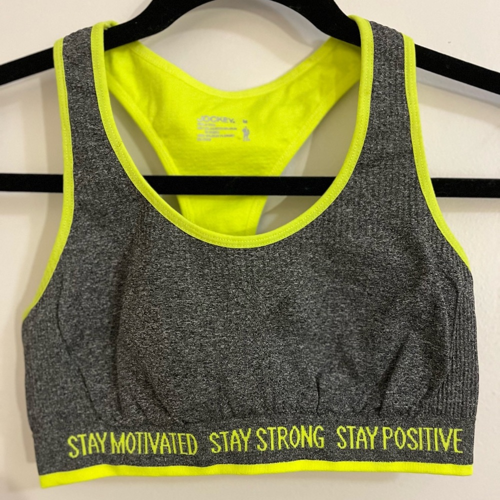 Jockey Gray and Neon Yellow Motivational Women's Sports Bra -Med
